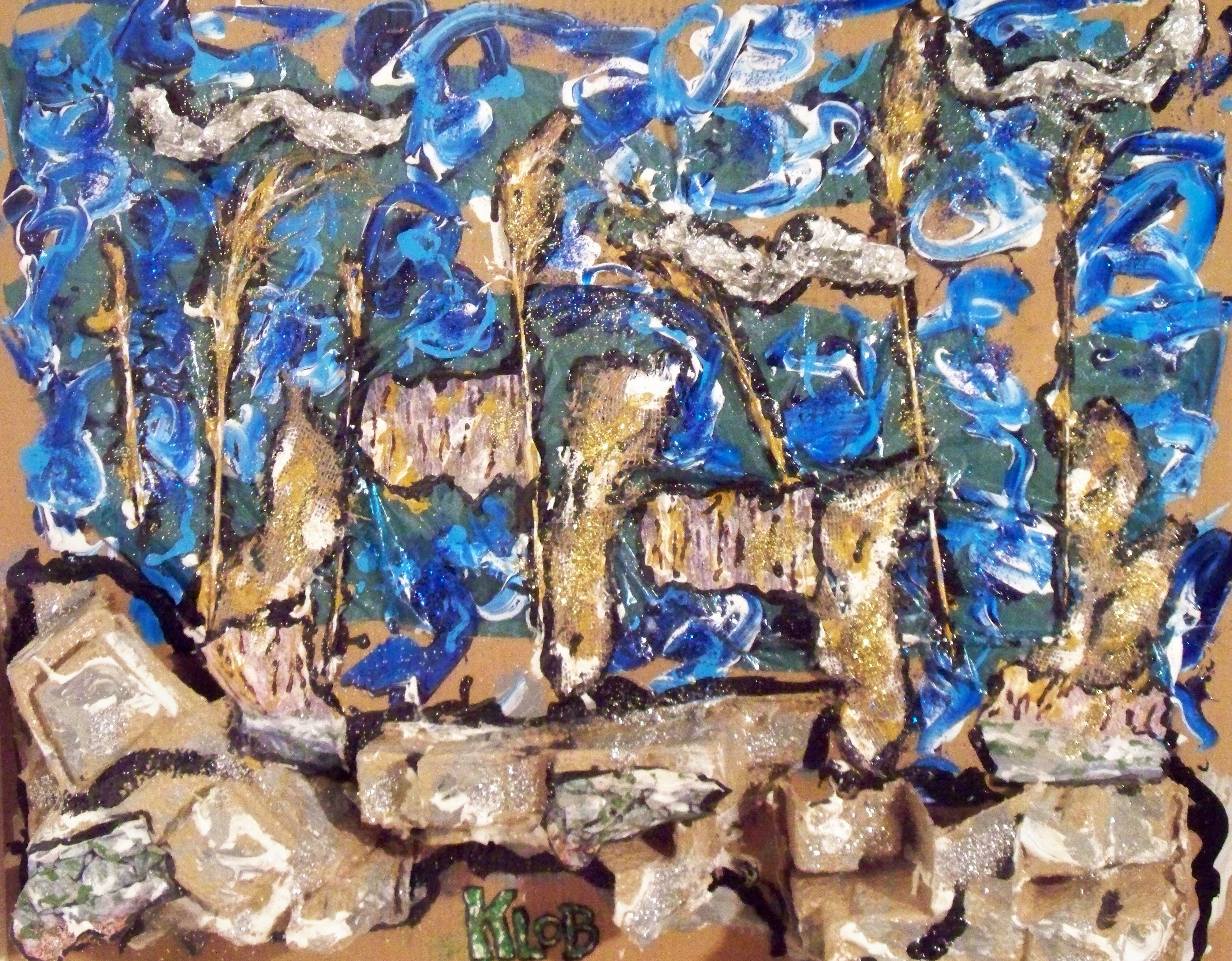 2012; acrylic, sytrofoam, roughly corrugated packing cradborad, photographs with (craypa,ink and paint), blue celophane, aluminum foil, photos of my computer screen; 32 in X 40 in