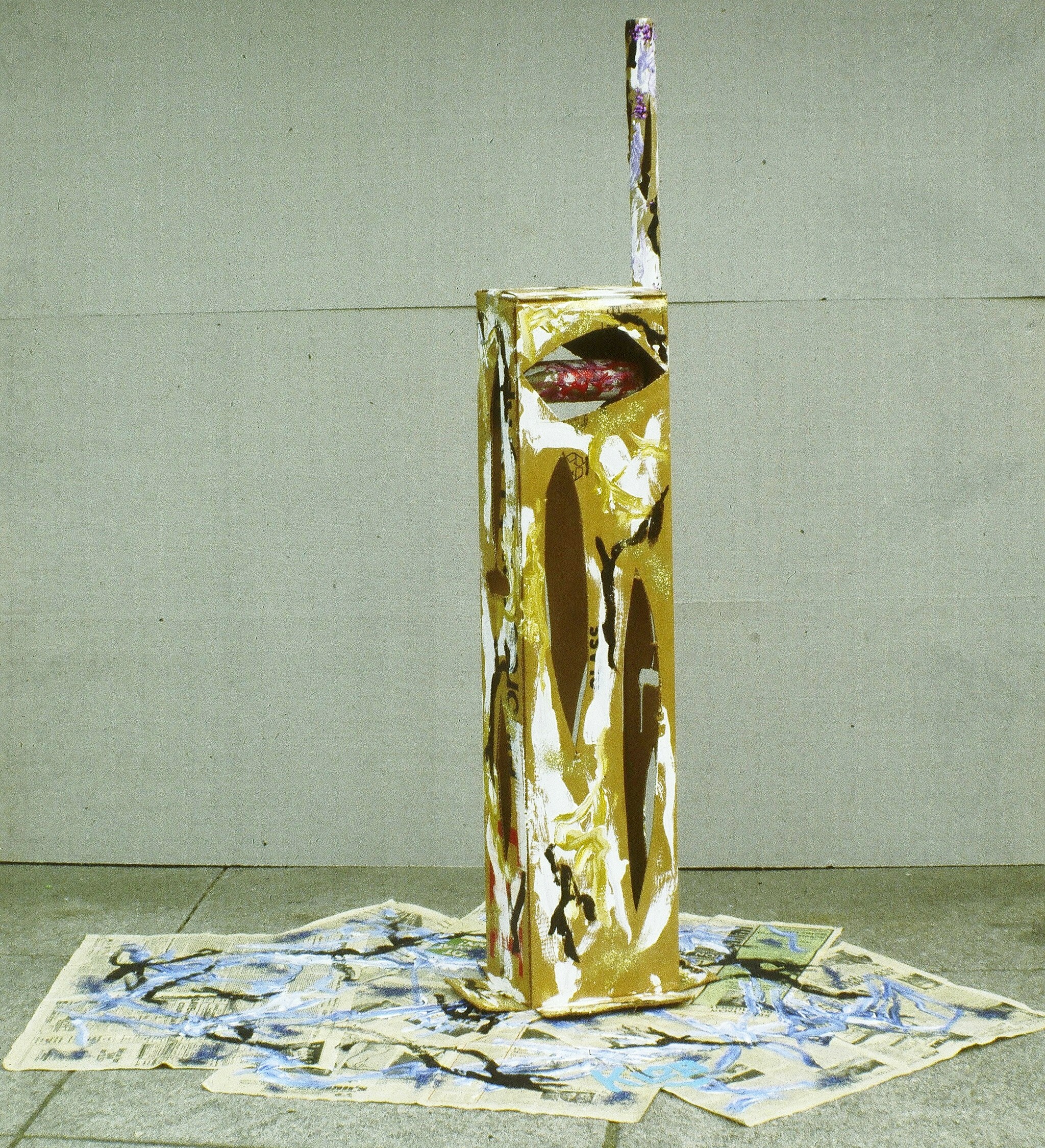 1979; acrylic, newspaper, cardboard box, cardboard tube; 5 ft 6 in X 6 ft 2 in