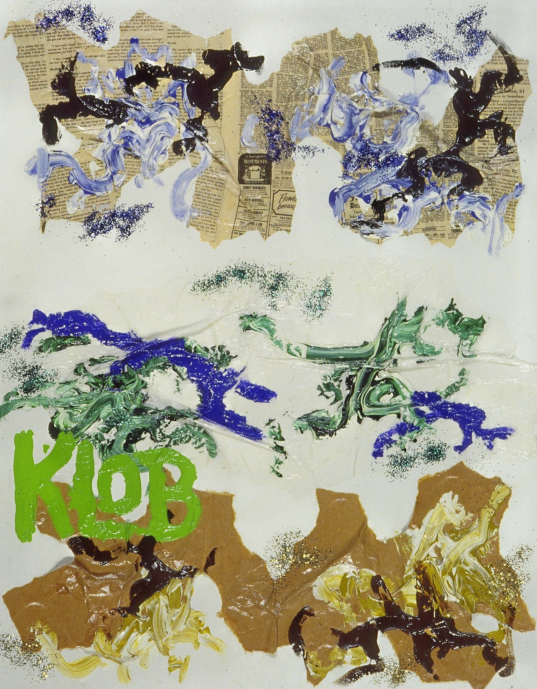 1976; acrylic, brown paper bag, wax paper, newspaper; 36 in X 24 in